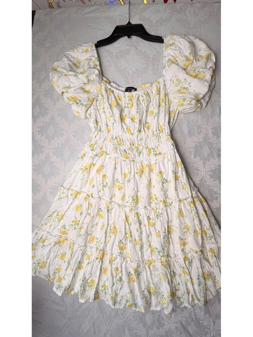 Trixxi Women's White and Yellow Floral Puff Sleeve Dress Size Large